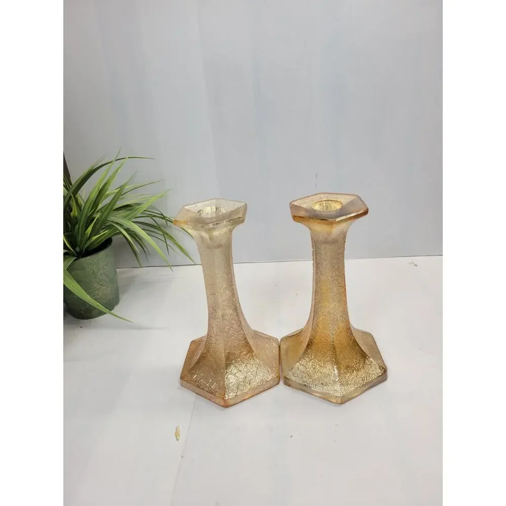 Jeannette Marigold Carnival Glass Candlesticks Vintage 1930s Candle Holder Pair